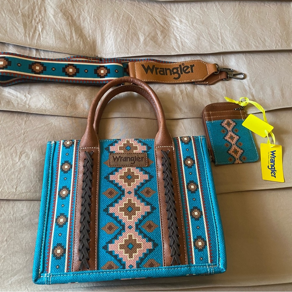 Wrangler Turquoise and Brown Geometric Tote Set